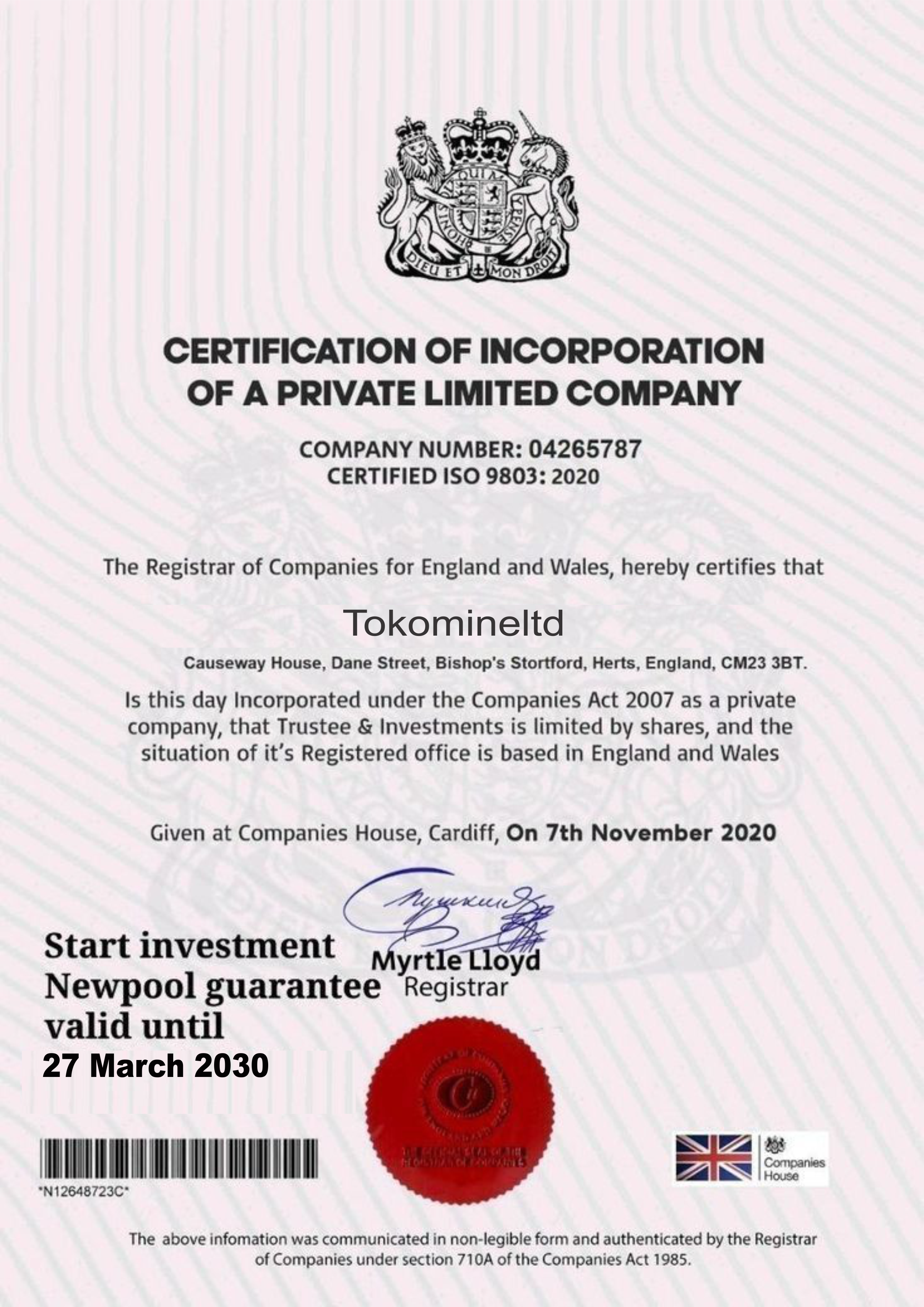 Tokomineltd Certificate of Incorporation